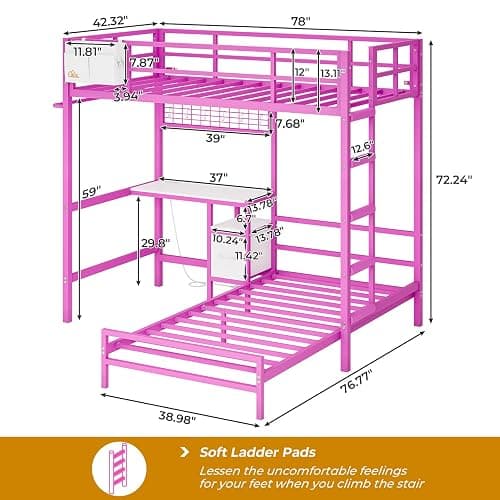 DICTAC Bunk Bed with Desk and Charging Station Metal Loft Bed Twin Size with Led Lights & Storage Shelves and Drawers L-Shaped Twin Over Twin Size Bunk Bed for Teen,Safety Guardrail and Ladder,Pink thumbnail 2