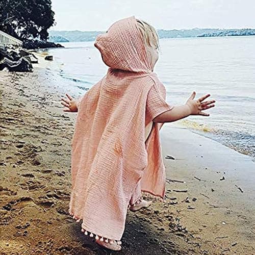 KMBANGI Toddler Kids Baby Girls Boys Summer Clothes Hooded Swim Suit Cover Ups with Pom Poms Cotton Cloak - 1-2T - Pink thumbnail 3