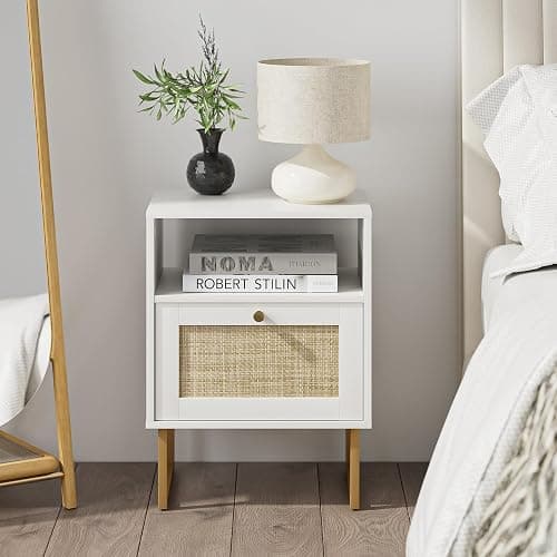 Masupu Rattan Nightstand,Modern Boho Farmhouse Wood Bedside Table with Storage Drawer and Open Shelf,Small Gold Frame Side End Table for Bedroom,Living Room,Office(White) thumbnail 8