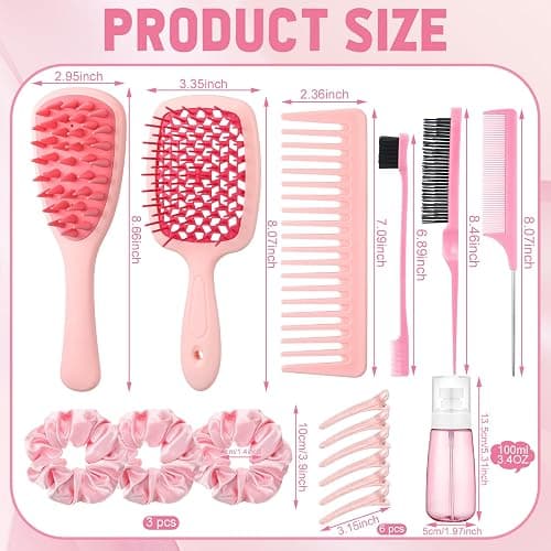 auroray 16 Pcs Pink Hair Brush Set for Women Girls - Scalp Scrubber with Handle, Detangle Hair Brush, Spray Bottle, Edge Bristles Wide Tooth Brushes Rat Tail Comb for Travel Home Use Hair Stuff thumbnail 5