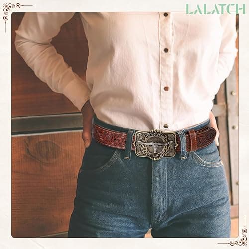 LALATCH Cowboy Cowgirl Belt Western Belts for Men Women Floral Engraved Longhorn Bull Buckle Belt for Jeans thumbnail 3