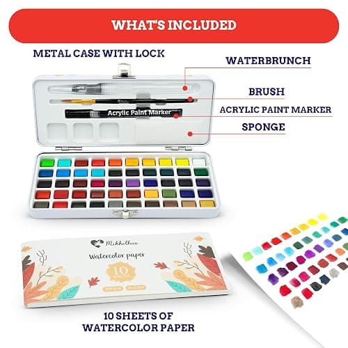 Mikkelhus Watercolour Paint Set - 50 Colours in Metal Box with Brush & Watercolour Paper | Watercolour Painting Set for Travel, Beginners & Artists thumbnail 2