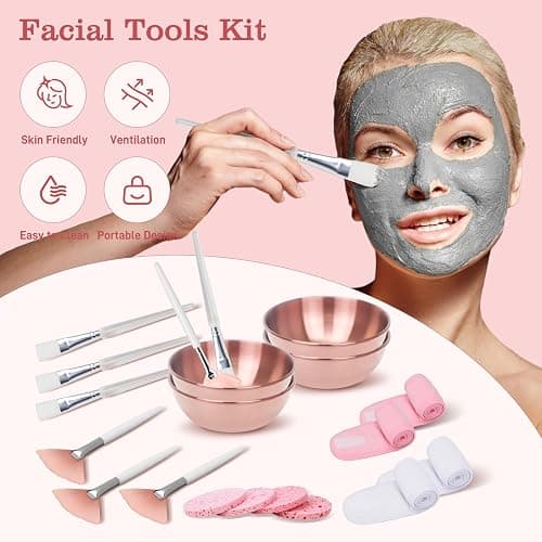 20Pcs Esthetician Facial Supplies Tools Set - Mask Applicator Tools, 4 Rose Gold Facial Bowls & 4 Facial Fan Mask Brushes & 4 Flat Brushes & 4 Sponges & 4 Headbands, Spa Party Favor, Mixing Facial Kit thumbnail 2