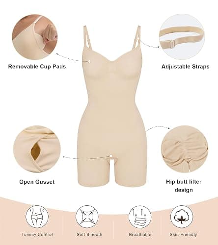 SHAPERX Women's Seamless Shapewear Tummy Control Bodysuit with Removable Pads Mid Thigh Body Shaper thumbnail 3
