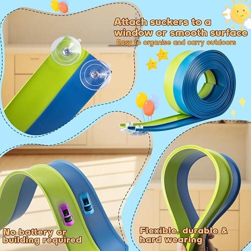 Flex Tracks 15 Ft for Kids Starter Set, Flexible Race Car Ramp Track with Suction Cups Compatible with Diecast 1/64th Cars for Ages 3 & Up (Green & Blue) thumbnail 6