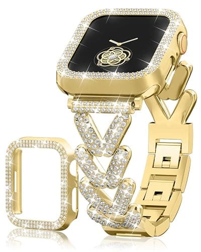 Rhinestones Encrusted Metal Bracelet and Case, Compatible with Apple Watch Bands 38mm-49mm (Series 10/1/SE/Ultra 2)- Bling Gold Women's Jewelry Strap, Luxury iWatch Bracelet with Screen Protector thumbnail 9