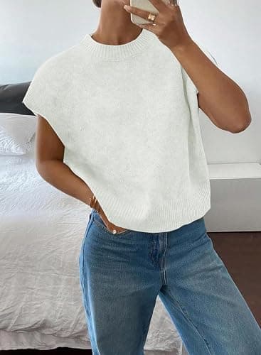 BLENCOT Womens Cap Sleeve Sweaters Summer Casual Short Sleeve Knit Tank Tops Loose Fit Crew Neck Pullover thumbnail 3