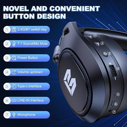 BENGOO Wireless Gaming Headset for PS5 PS4 PC Mac Nintendo Switch, Bluetooth Over-Ear Headphones with Noise Isolating Microphone, Low Latency, RGB, 50H Battery, Wired Mode for Xbox Series - Black - Black thumbnail 8