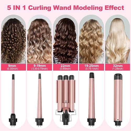 Curling Wand Set, Curling Iron Interchangeable 3 Barrel Wand Curler with Ceramic Tourmaline Professional 5 in 1 Wand Curling Iron,for Women with Curler and Waver thumbnail 2
