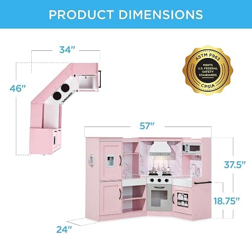 Best Choice Products Pretend Play Corner Kitchen, Ultimate Interactive Wooden Kids Playset w/Lights & Sounds, Ice Maker, Hood - Pink thumbnail 2