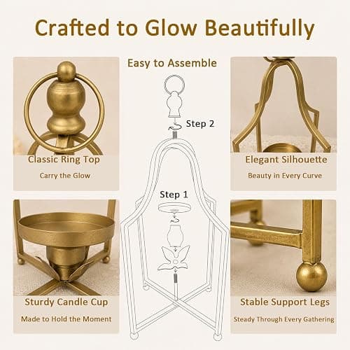 12.5" & 16.5" Timeless Cozy Decorative Lanterns Set of 2, Handcrafted Metal Iron Candle Holders, Farmhouse Elegance Fireplace Mantel Table Festive Gatherings Decor (Antique Gold) thumbnail 6