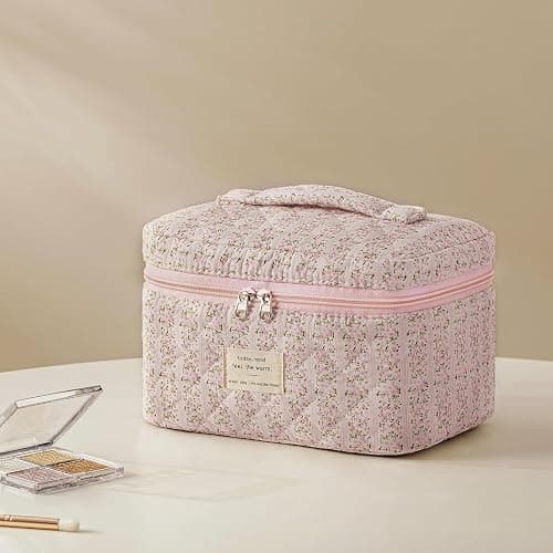 HBselect Quilted Makeup Bag, 3PCS Cotton Large Travel Makeup Bag, Cute Floral Coquette Make up Bag Cosmetic Bag Toiletry Bag for Women Girls thumbnail 2