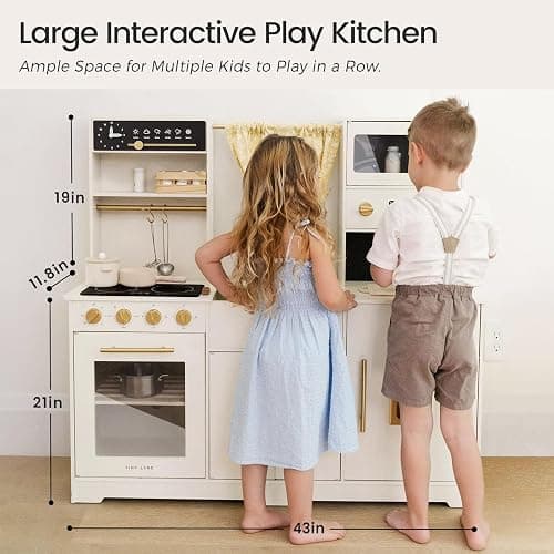 Tiny Land Play Kitchen for Kids, Toy Kitchen Set with Plenty of Play Features, New Modern Kids Wooden Play Kitchen Designed in Trendy Home Style with Curtains, Gift for Ages 3+ thumbnail 2
