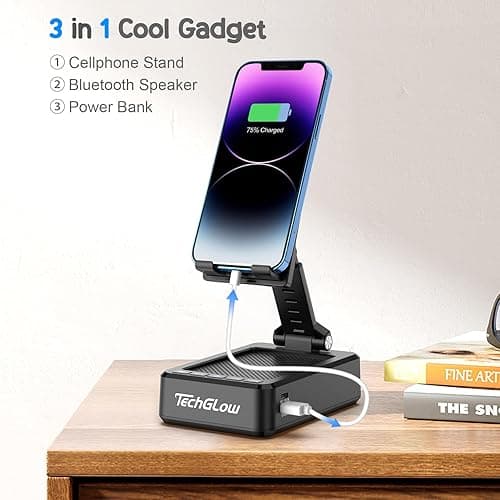 TechGlow Foldable Cellphone Stand with Bluetooth Speaker and Power Bank Birthday Gifts for Men Women Mother Father Boy Girl Teens Cool Tech Gadgets thumbnail 3