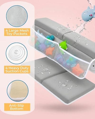 Comfortable Baby Bath Kneeler and Elbow Rest Pad Set – Thick Memory Foam Bath Kneeling Pad with Elbow Support – Baby Bathtub Cushion with Toy Organizer for Bathing Infant or Toddler - Grey thumbnail 5