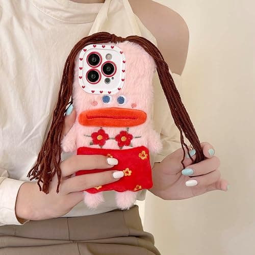 Tewwsdi Cartoon Funny Phone Cases for iPhone 14 pro max,Cute Fluffy Furry Case with DIY Girl Braids,Winter Warm Kids Teens Girls Women Plush Toys Case(Sausage Mouth Girl) - Sausage Mouth Girl thumbnail 3