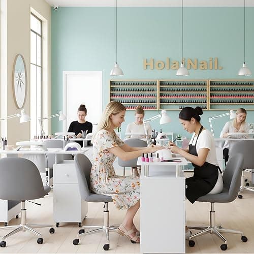 HolaiNail Manicure Table Nail Desk for Nail Tech, Acetone Resistant Beauty Salon Station with Dust Collector, Wrist Pad, Lockable Wheels, Drawer & Cabinet, White thumbnail 2