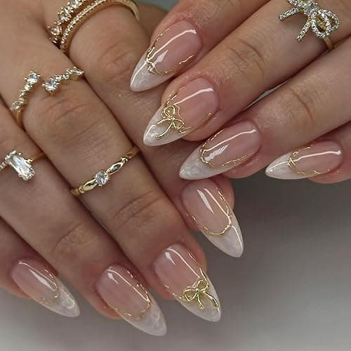 French Tip Press on Nails Medium Almond Fake Nails with Designs Gold Bow Glue on Nails White Acrylic False Nails Reusable Artificial Nails Press ons Glossy Full Cover Stick on Nails for Women - Gold Bow - Image 1