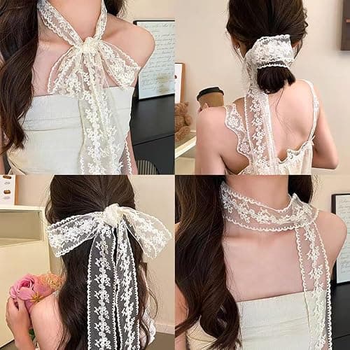 Qojai White Lace Ribbon Scarf Belt Fancy Long Lace Scarf Belts for Women Waist Belts for Jeans Floral Bow Waistband Tie Belt Soft Mesh Fabric Waist Scarves Headscarf Women's Streetwear Accessories thumbnail 6