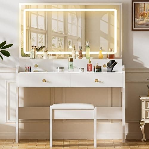 COMHOMA Makeup Vanity Desk with Mirror and Lights, Vanity Table and Chair Set with 5 Drawers & Charging Station, Bedroom Dressing Table, Stepless Dimmable & 3 Color Modes Adjustable, Snow White thumbnail 3
