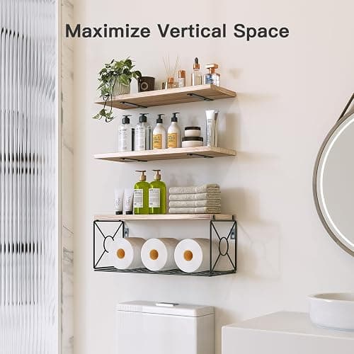 Amada Bathroom Shelves Over Toilet with Storage Basket, Floating Shelves Wall Shelves for Home Organization & Wall Decor, Bathroom/Kitchen/Living Room Shelves–Natural Wood - Natural Wood thumbnail 2