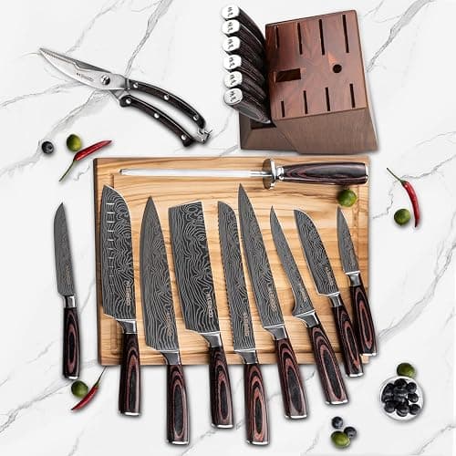17-Piece Master Chef Knife Block Set – Damascus Steel & Acacia Wood Block thumbnail 3