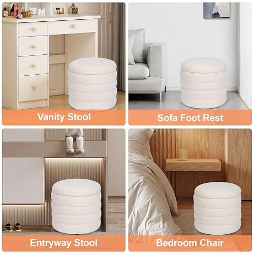 Dolift Teddy Sherpa Round Ottoman with Storage, Modern Upholstered Vanity Stool Foot Rest, Small White Boucle Storage Ottoman for Bedroom, Living Room, Entryway, Dorm thumbnail 5