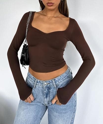 TiulZial Women's Long Sleeve Going Out Crop Top Sexy Pleated Trendy Shirt Sweetheart Neck Y2K Ruched Cropped Tops thumbnail 5