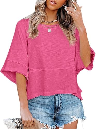 Sovelen Women's Summer Casual Crewneck Batwing Half Sleeve T-Shirts Solid Color Loose Fit Cute Basic Flowy Tops Tees Blouses thumbnail 2