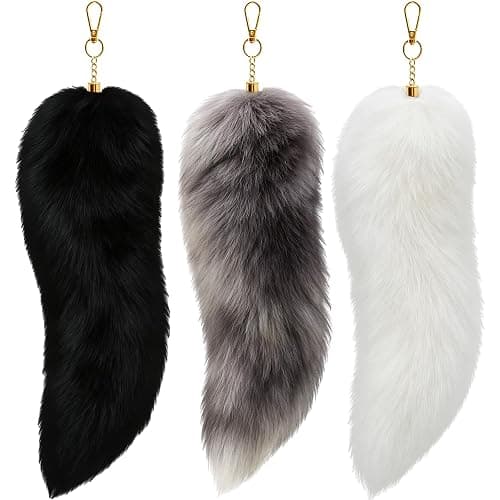 3 Pack Fox Therian Tail Keychain, Atiofber 15.75in Furry Faux Fur Tail Raccoon Tails Wolf Bag Charm Halloween Cosplay - Image 1