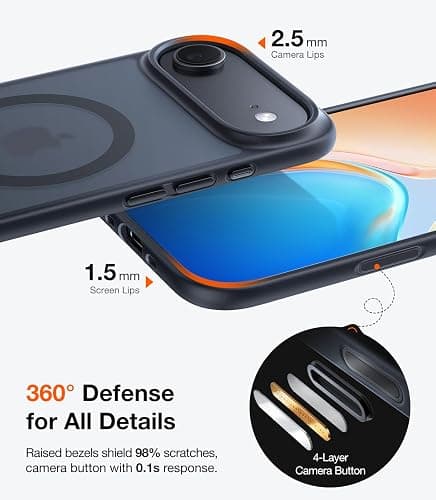 TORRAS for iPhone Air Case, Stronger Magnetic & Thin Fit with MagSafe, Shockproof Slim Case for iPhone 17 Air with Camera Control & Colorful Button, Mil-Grade Drop Tested, Translucent Matte Black thumbnail 5