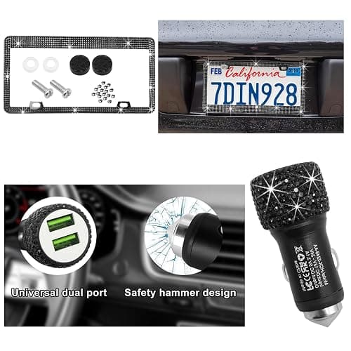 Suvnie 27PCS Bling Car Accessories Set for Women, Crystal Rhinestone Universal Steering Wheel Covers Fit 15 Inch, License Plate Frame, Phone Holder, Air Vent Outlet Trim, Coasters (Black) thumbnail 5
