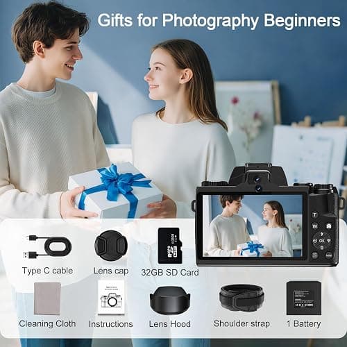8K Digital Cameras for Photography, WiFi 64MP Vlogging Camera for YouTube, 4" Touch Screen Digital Camera with Dual Lens, Auto Focus, 16X Digital Zoom, 3000mAh Battery, 32GB Card, Black thumbnail 8