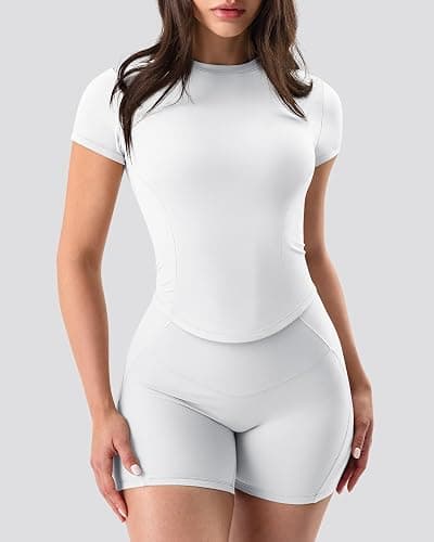GYM RAINBOW Short Sleeve Workout Tops for Women, Cropped Workout Shirts Slim Fit Crew Neck Athletic Gym Running T Shirts thumbnail 2
