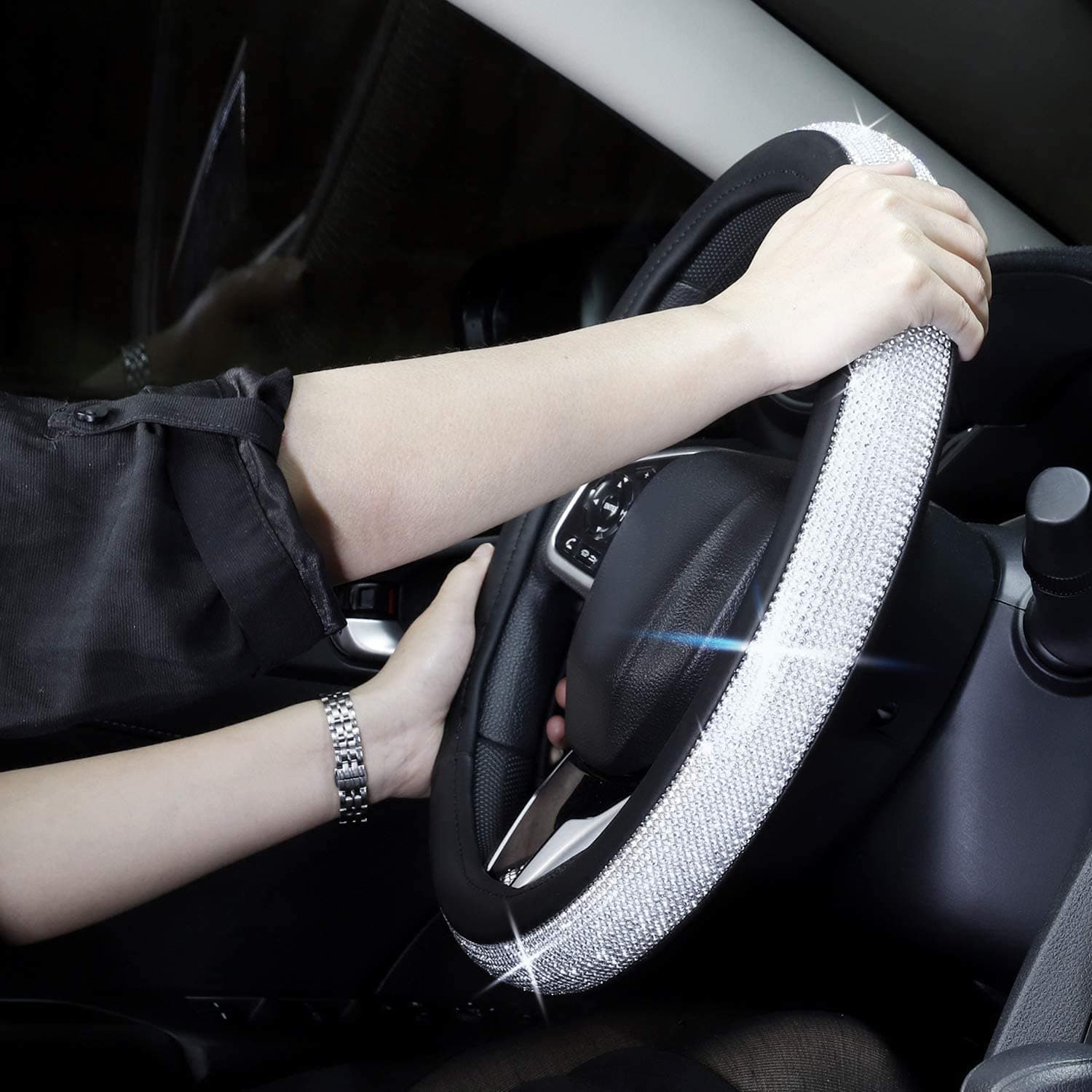 New Diamond Leather Steering Wheel Cover with Bling Bling Crystal Rhinestones, Universal Fit 38 CM Car Wheel Protector for Women Girls thumbnail 3