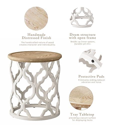 karlott Farmhouse End Table, 18.5'' French Country Round Side Table, Distressed Tray Top Side Table with Curved Motif Frame Base for Boho, End Tables Living Room, Bedroom, Small Space, Cream Beige thumbnail 8