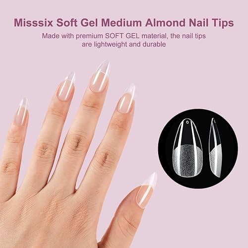 Misssix Medium Almond Gel Nail Tips Kit, 216Pcs Pre Etched Clear Fake Nails, Full Cover False Nail 9-in-1 Gel Glue and Portable Mini U V Nail Lamp for Women 12 Sizes thumbnail 2