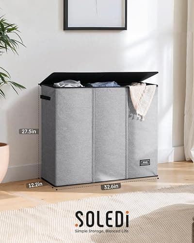SOLEDI 180L Laundry Hamper 3 Section, Extra Large Laundry Hamper with Lid, Dirty Clothes Hamper with Sturdy Handle, Large Laundry Basket Organizer for Laundry Room, Bedroom, Hampers for Laundry thumbnail 3