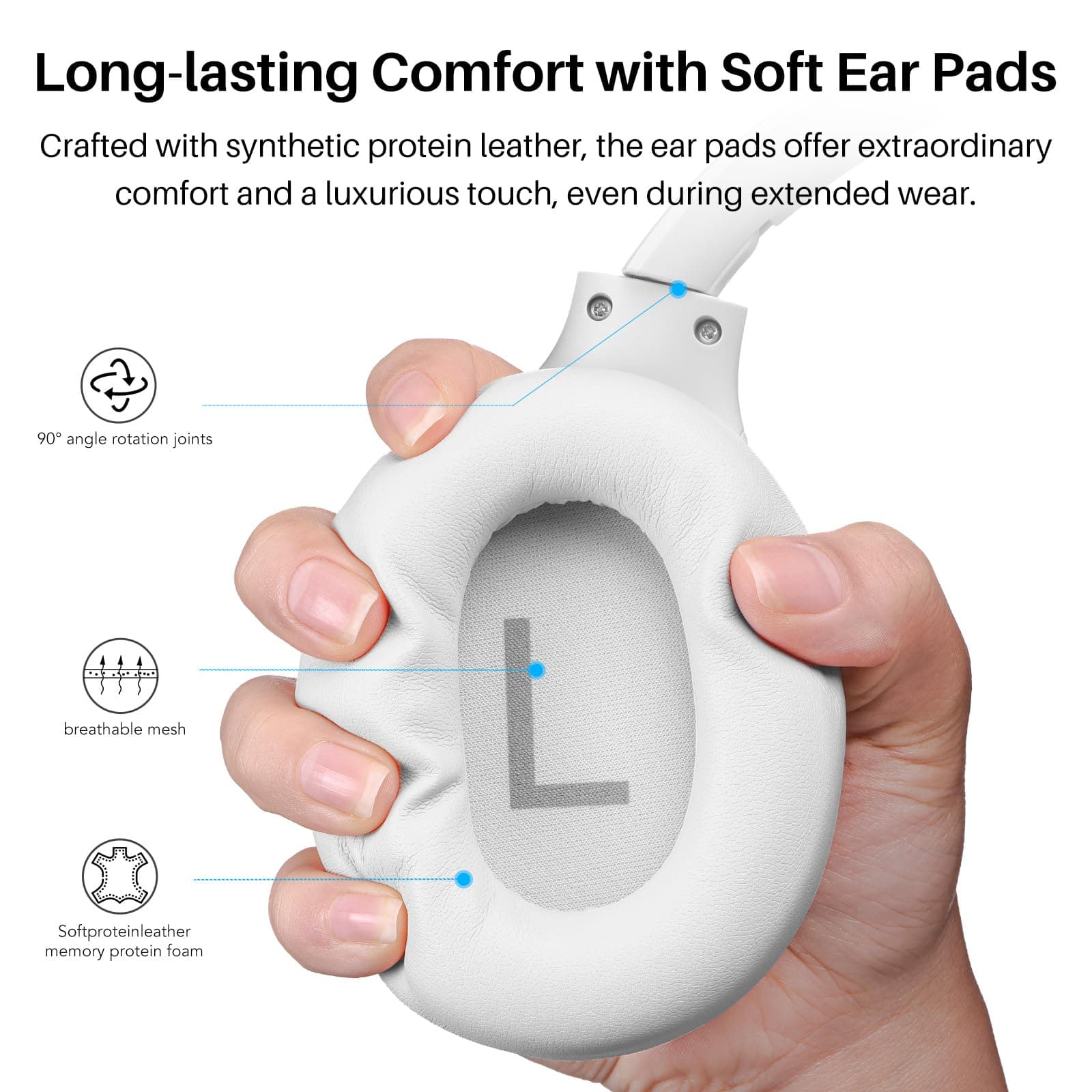 TOZO HT2 Hybrid Active Noise Cancelling Wireless Headphones, 60H Playtime Lossless Audio Over Ear Bluetooth Headphones, Hi-Res Audio Deep Bass Foldable Lightweight Headset for Workout White thumbnail 7