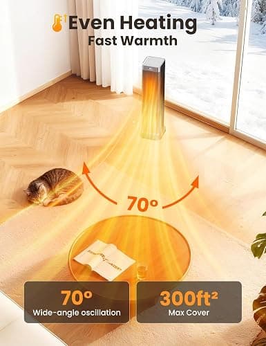Space Heaters for Indoor Use, 1500W PTC Ceramic Electric Heater with Thermostat, Room Temperature Display, 70° Oscillation, Remote Control, 12H Timer, Quiet Portable Heater for Office Bedroom thumbnail 5