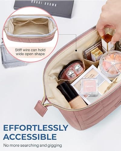 BAGSMART Makeup Bag Travel Toiletry Bag, Puffy Padded Make Up Bags for Women Makeup Organizer Case, Wide-open Pouch Purse Travel Essentials Toiletries Accessories Brushes, Dark Pink thumbnail 5