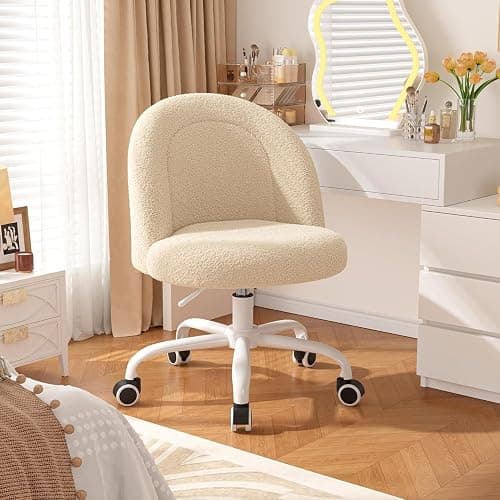 DurayLoly Vanity Chair with Back, Cute Desk Chair with Wheels, Armless Office Chair Height Adjustable, Soft Lumbar Support for Small Space, Bedroom, Light Yellow - Image 1