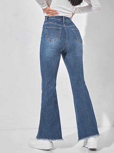 WDIRARA Women's Petite High Waisted Raw Hem Flared Jeans Stretchy Bell Bottom Denim Pants thumbnail 3