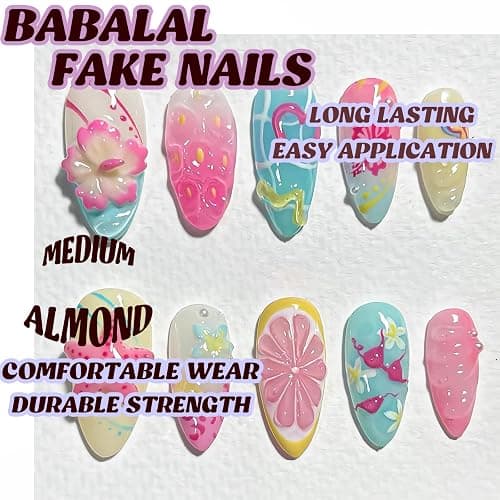 BABALAL Press on Nails Medium Almond Fake Nails Beach Glue on Nails Blue Pink Flower 3D Texture False Acrylic Nails Summer 30Pcs Custom Stiletto Handmade Diy for Women Girls thumbnail 5