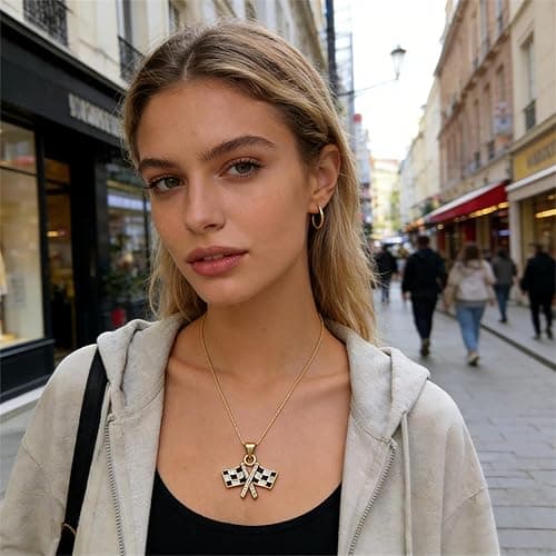 QLYOVWE Checkered Racing Flag Pendant Necklace for Women and Racing Fans Black and White Enamel Crystal Necklace Gold Fashion Jewelry Gifts thumbnail 3