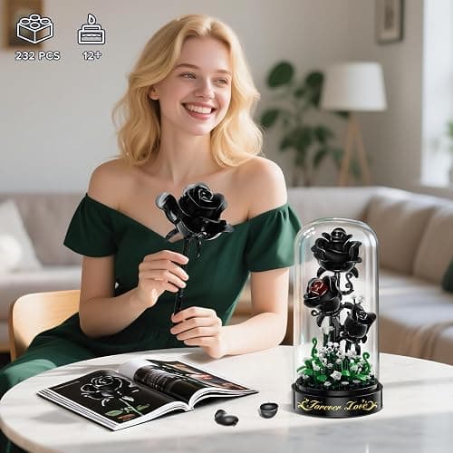 HiWEEGO Flower Building Set with LED Light - 232 PCS Black Rose Building Blocks Kit with Dust Cover, Gift for Mothers Day Wife 3.6MM Flower Botanical Collection Block Toy Home Decor thumbnail 2