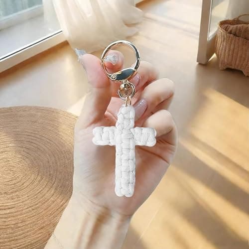 Set of 2: pink and white. Hand-woven cross keychain, soft to the touch, carrying the name of Jesus—Christian car charm and Bohemian ornament in one, a handmade gift for her and for him. thumbnail 4