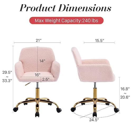 Homedraft Faux Fur 360°Swivel Desk Chair, Height Adjustable Home Office Armchair with Gold Base for Teens Women Girls, Upholstery Computer Chair for Home Studios, Sherpa & Light Pink thumbnail 3