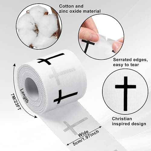 MiniInflat 2 Pcs Cross Tape Christian Athletic Tape Sports Wrap 2in x 23ft Jesus Cotton Wrist Wrap for Soccer Football Baseball Gymnastics Boxing Christian Church Gifts(White,Cross) - White - Cross thumbnail 2