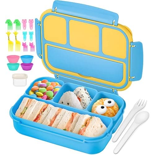QQKO Bento Lunch Box for Kids Girls Boys, Toddler Kids Lunch Boxes for School, Lunch Containers for Adults with 4 Compartments, Sauce Container, Utensils, Food Picks and Muffin Cups, Blue - Image 1